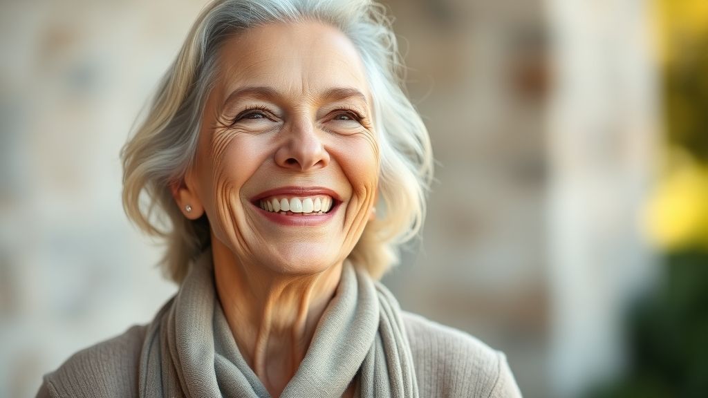 Mulher madura sorrindo, com pele luminosa e saudável, mostrando os resultados do skinbooster