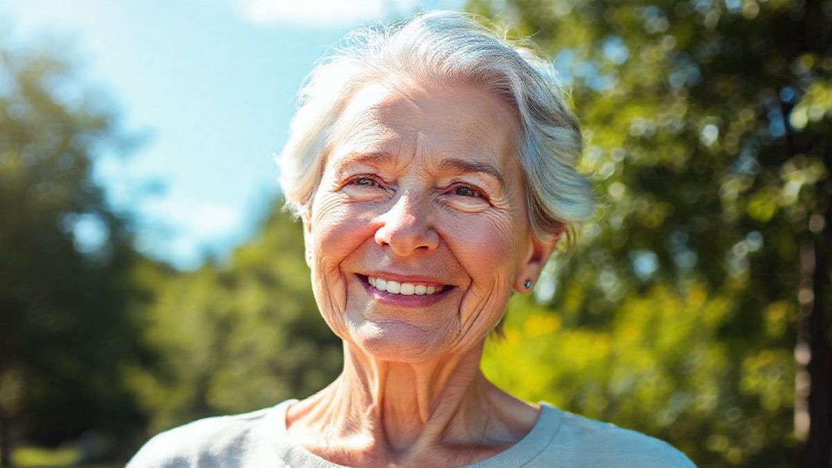 Mulher madura sorridente com pele uniforme, representando melhora após rotina de skincare para rosácea