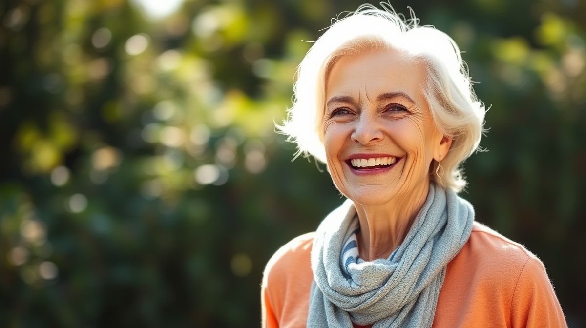 Mulher madura de mais de 60 anos sorrindo, com pele saudável e luminosa após tratamento anti-idade.