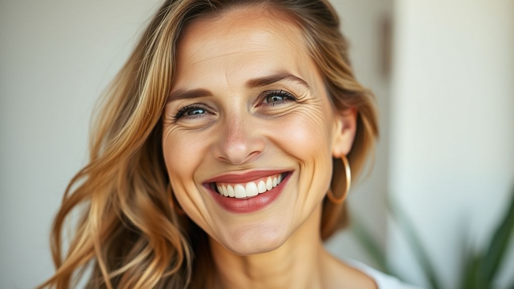 Mulher de 40 anos sorrindo e com pele saudável, demonstrando os resultados do tratamento da espinha interna