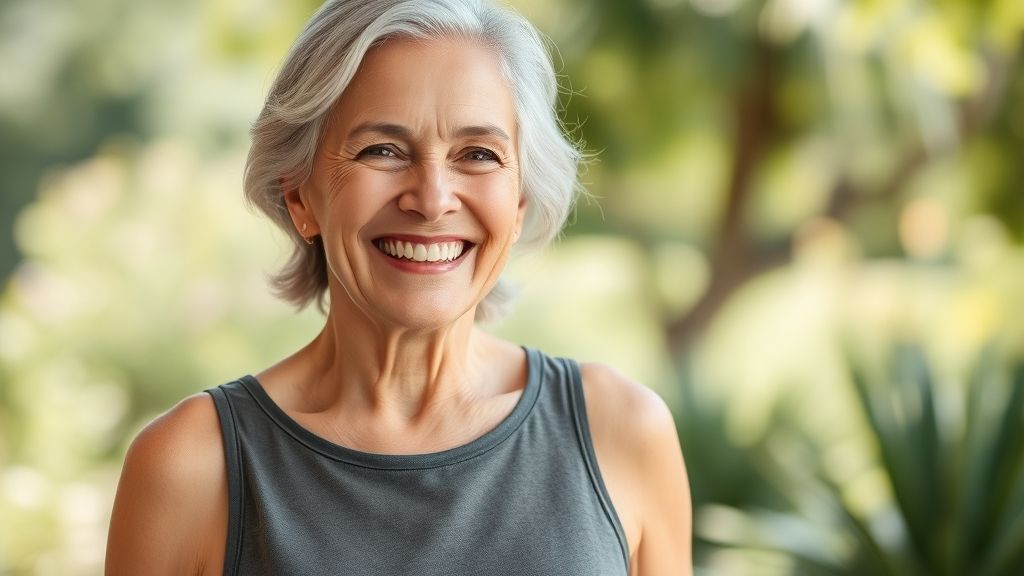 Mulher de 60+ sorrindo, mostrando pele firme e saudável após tratamento estético para gordura nas axilas