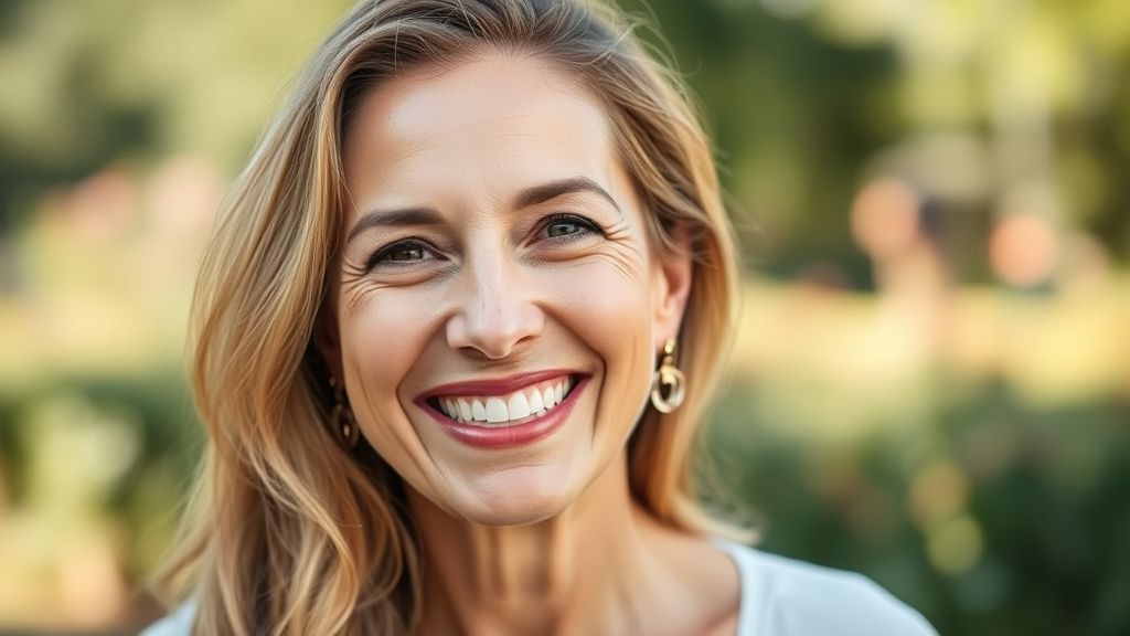 Mulher de 40 anos sorridente com pele saudável, representando os resultados de longo prazo do tratamento da acne adulta.