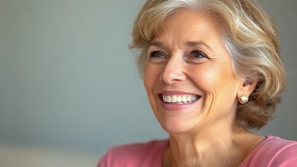 Mulher de 60+ sorridente com pele uniforme, representando os resultados após tratar manchas corporais