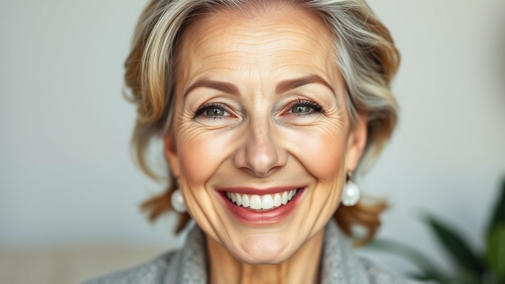 Mulher de 60+ sorrindo com pele lisa na testa, mostrando bem-estar e rejuvenescimento após tratamento