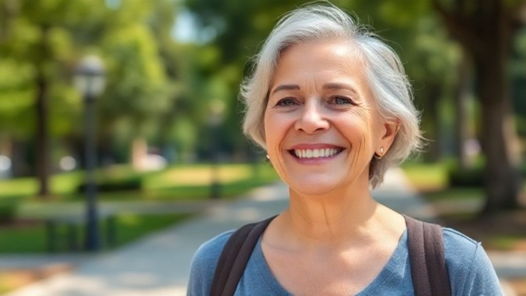 Mulher madura sorridente com pele uniforme demonstrando os resultados do tratamento para melasma.