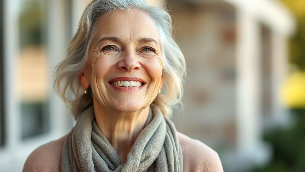 Mulher de 60+ feliz, com pele saudável e rejuvenescida, após realizar tratamento para rugas.