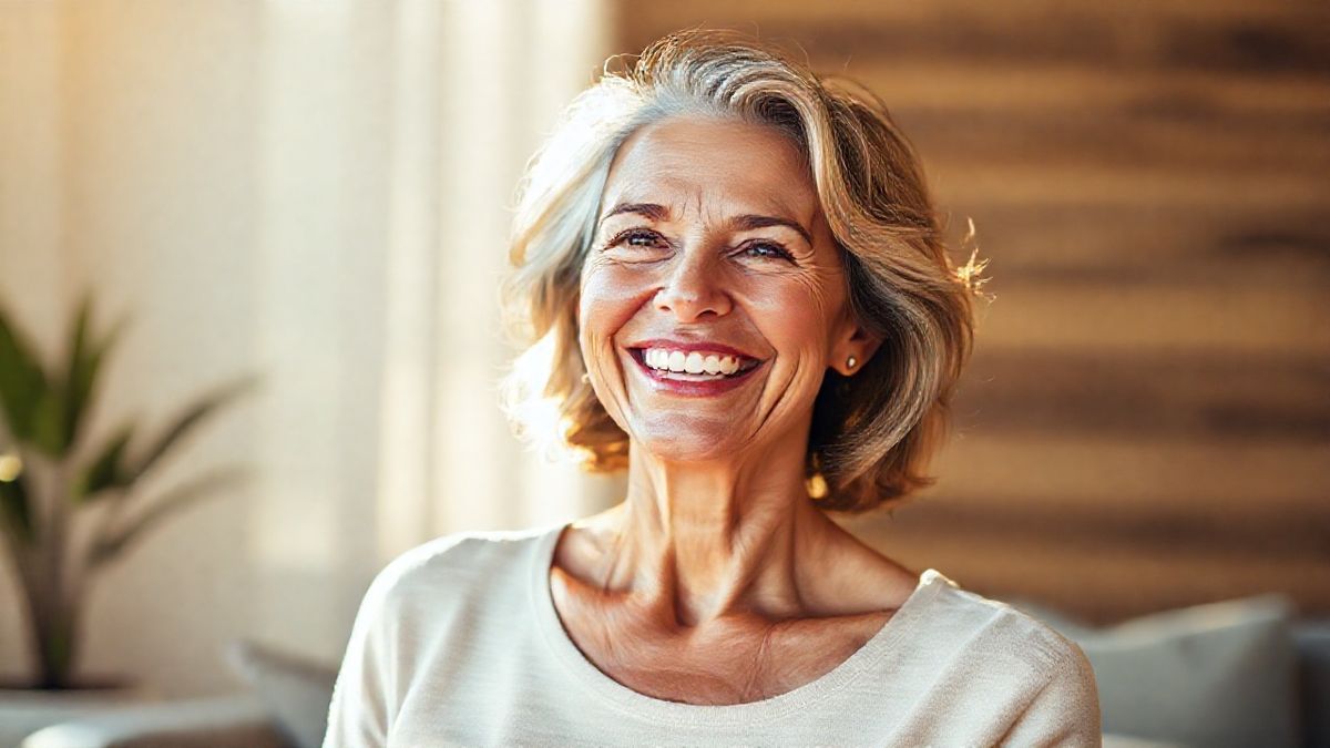 Mulher de meia idade sorrindo com postura confiante, representando os resultados de firmeza e bem-estar após rejuvenescimento íntimo com laser Fotona.
