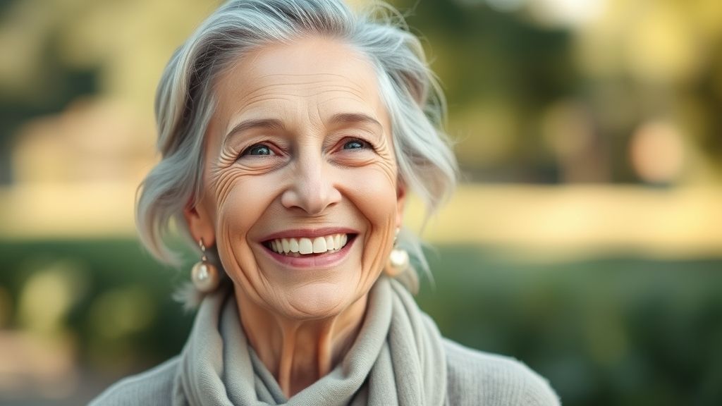 Mulher madura sorrindo, mostrando pele firme e saudável após tratamento das rugas