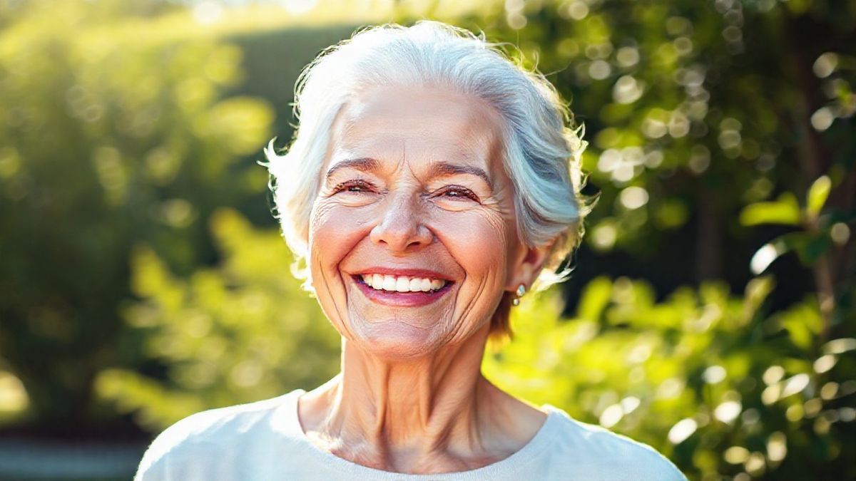 Mulher madura com pele uniforme e brilho saudável, transmitindo confiança após controlar o melasma.