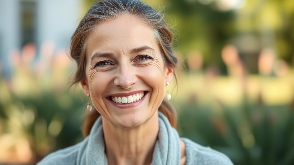 Mulher madura sorridente, com pele limpa e saudável, após tratamento eficaz contra acne.