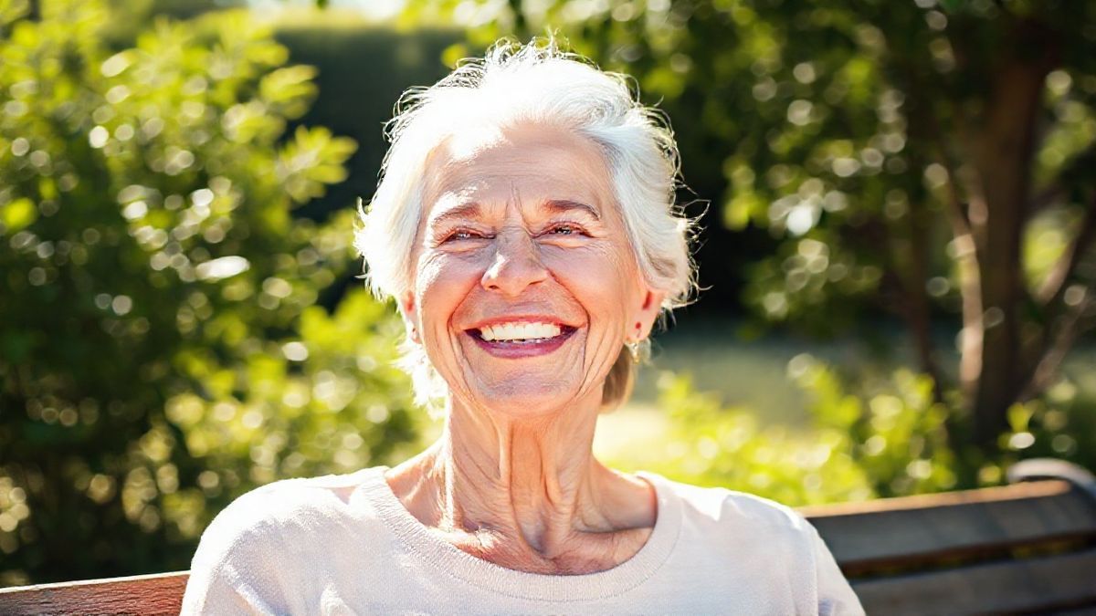 Mulher madura sorrindo com pele uniforme após tratamento eficaz de rosácea