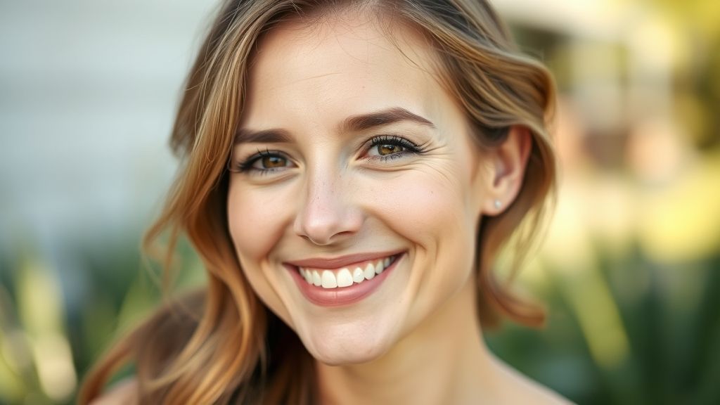 Mulher de 30 anos sorridente e com pele uniforme, simbolizando melhora na acne após rotina correta.