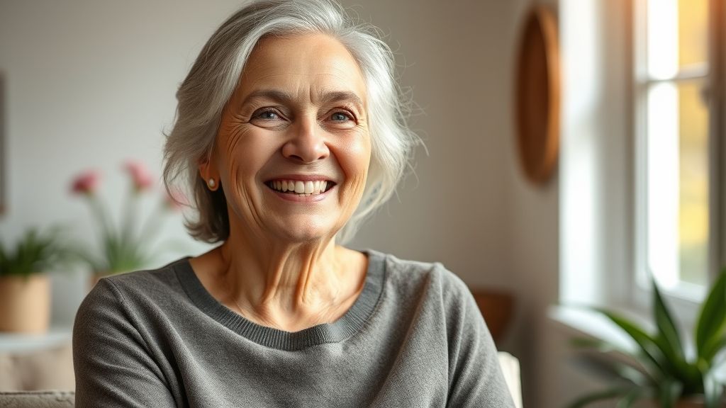 Mulher de 60+ com pele saudável e sorriso confiante, mostrando vitalidade e resultados do uso de prolina.