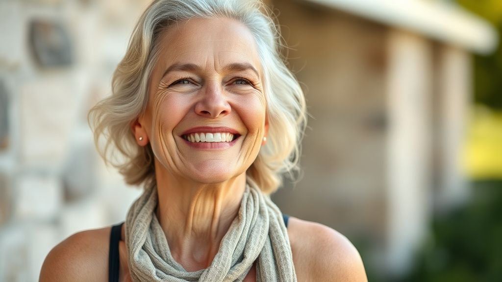 Mulher madura sorrindo e exibindo pele uniforme e saudável após tratamentos de verão