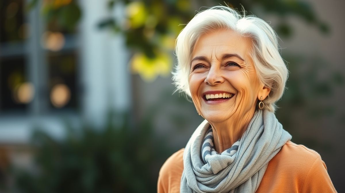 Mulher de 60+ feliz, com pele saudável e aparência rejuvenescida após realizar procedimentos em alta em 2025.