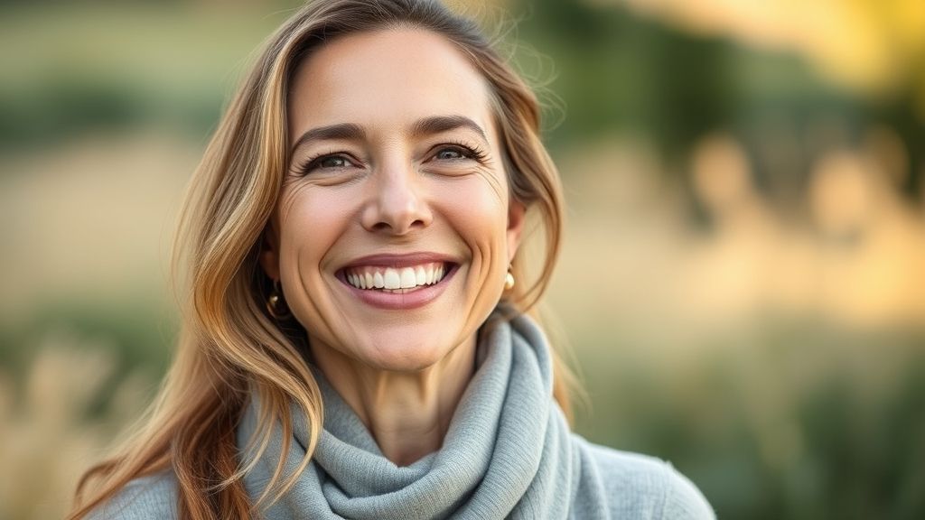 Mulher de 40 anos sorridente, mostrando pele mais firme e aparência saudável após os tratamentos estéticos pós-parto