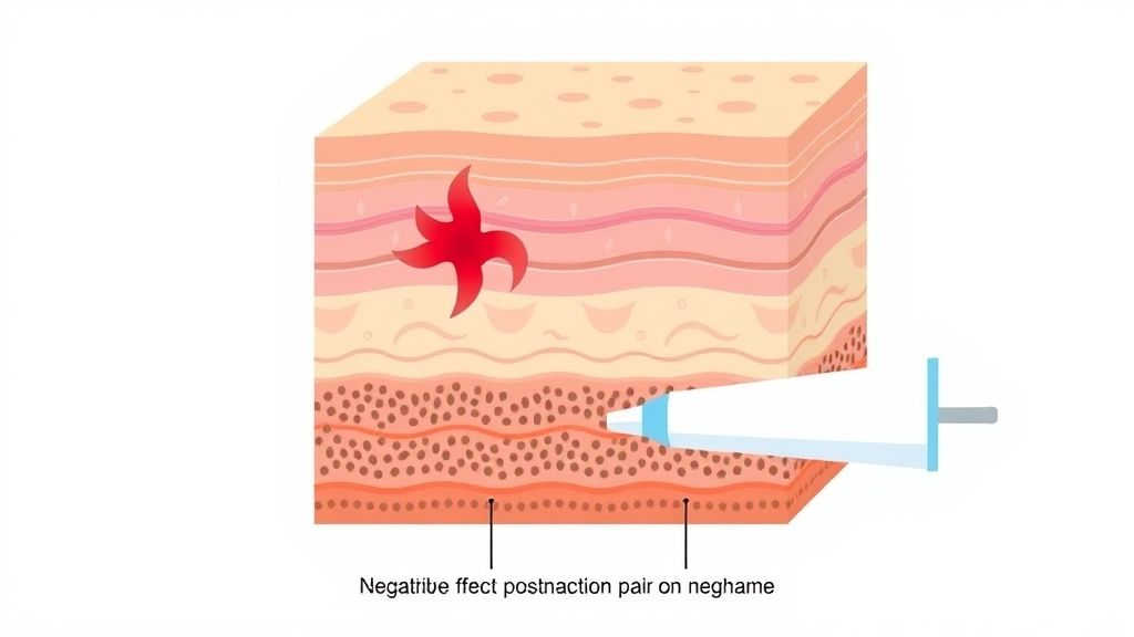 Ilustração esquemática mostrando os efeitos da pasta de dente sobre a pele inflamada por acne.