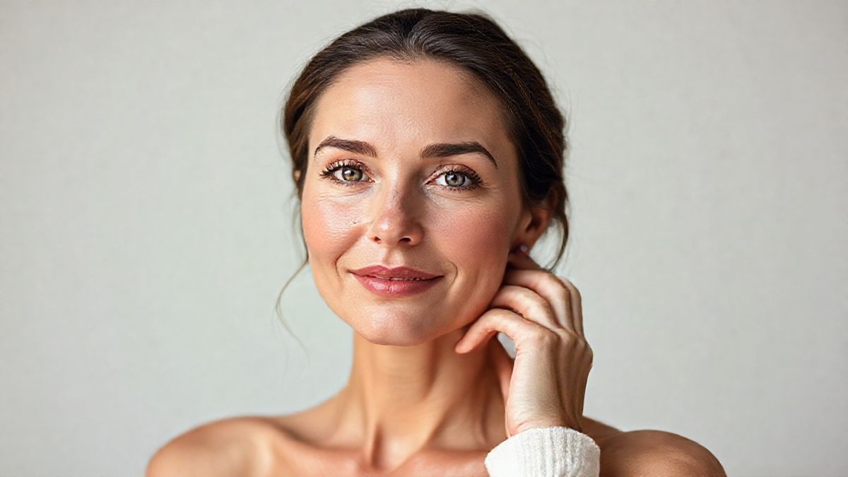 Mulher com pele saudável e expressão serena, simbolizando os benefícios da rotina de skincare para rosácea