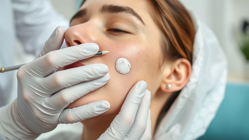 Dermatologista aplicando tratamento em paciente com pústula facial em ambiente de clínica