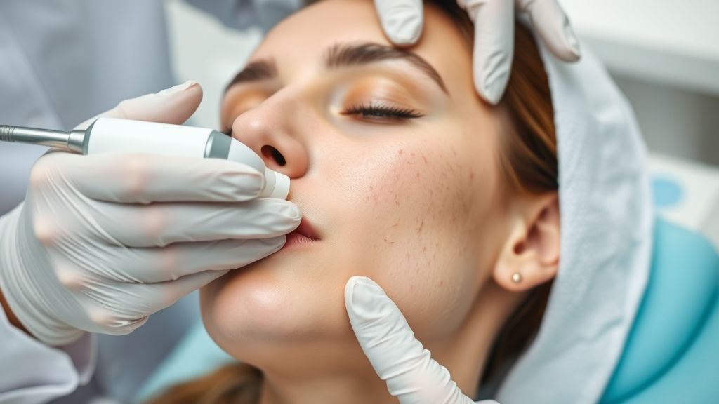 Dermatologista aplicando tecnologia estética para tratamento da acne em paciente relaxada.