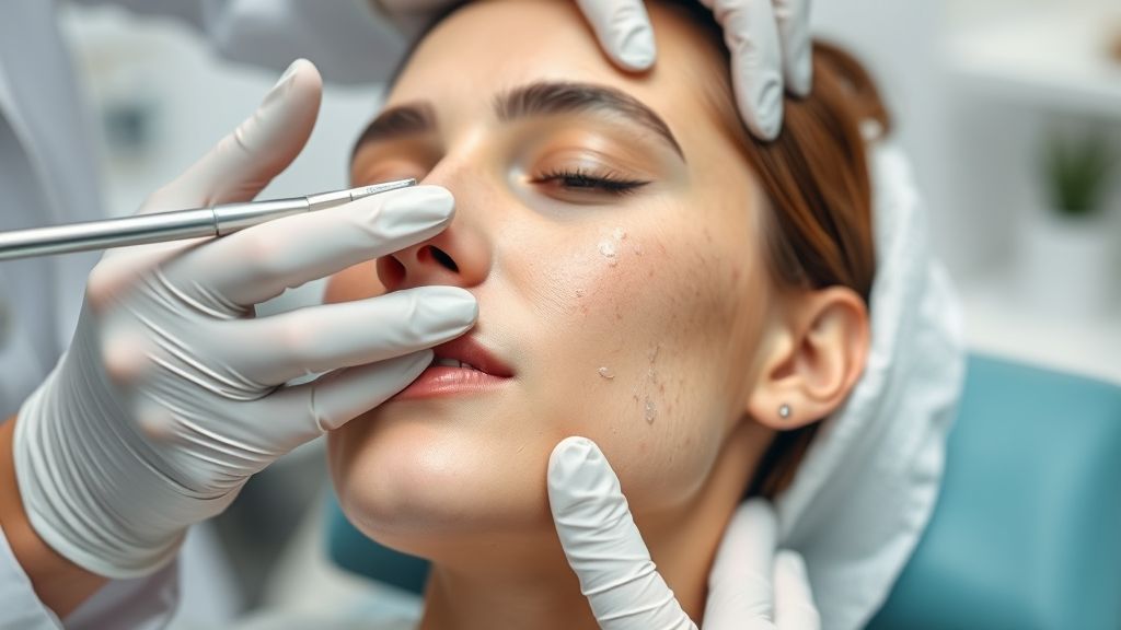 Dermatologista aplicando tratamento profissional para acne no rosto de uma paciente