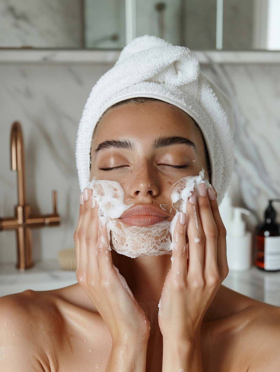Mulher com pele radiante aplicando suavemente esfoliante no rosto.